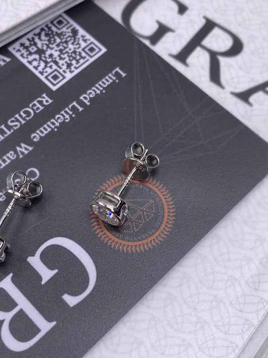 STERLING SILVER - EARRINGS - MOISSANITE *SILVER* ROUND BEZEL STUDS 0.5ct EA (1.0ct TOTAL) w/ CERT