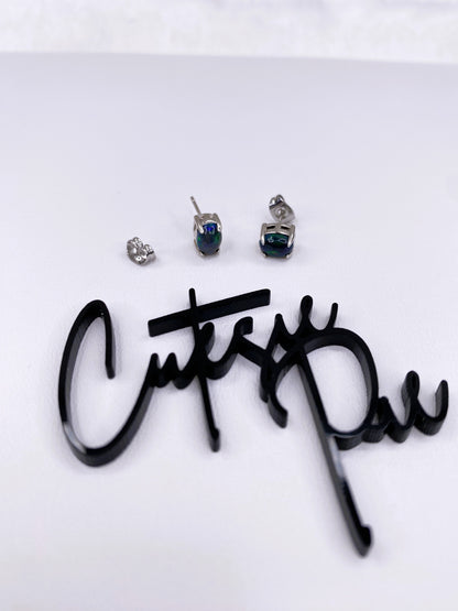 Natural Black Opal Stud Earrings | 5x7mm Gemstone | .925 Sterling Silver