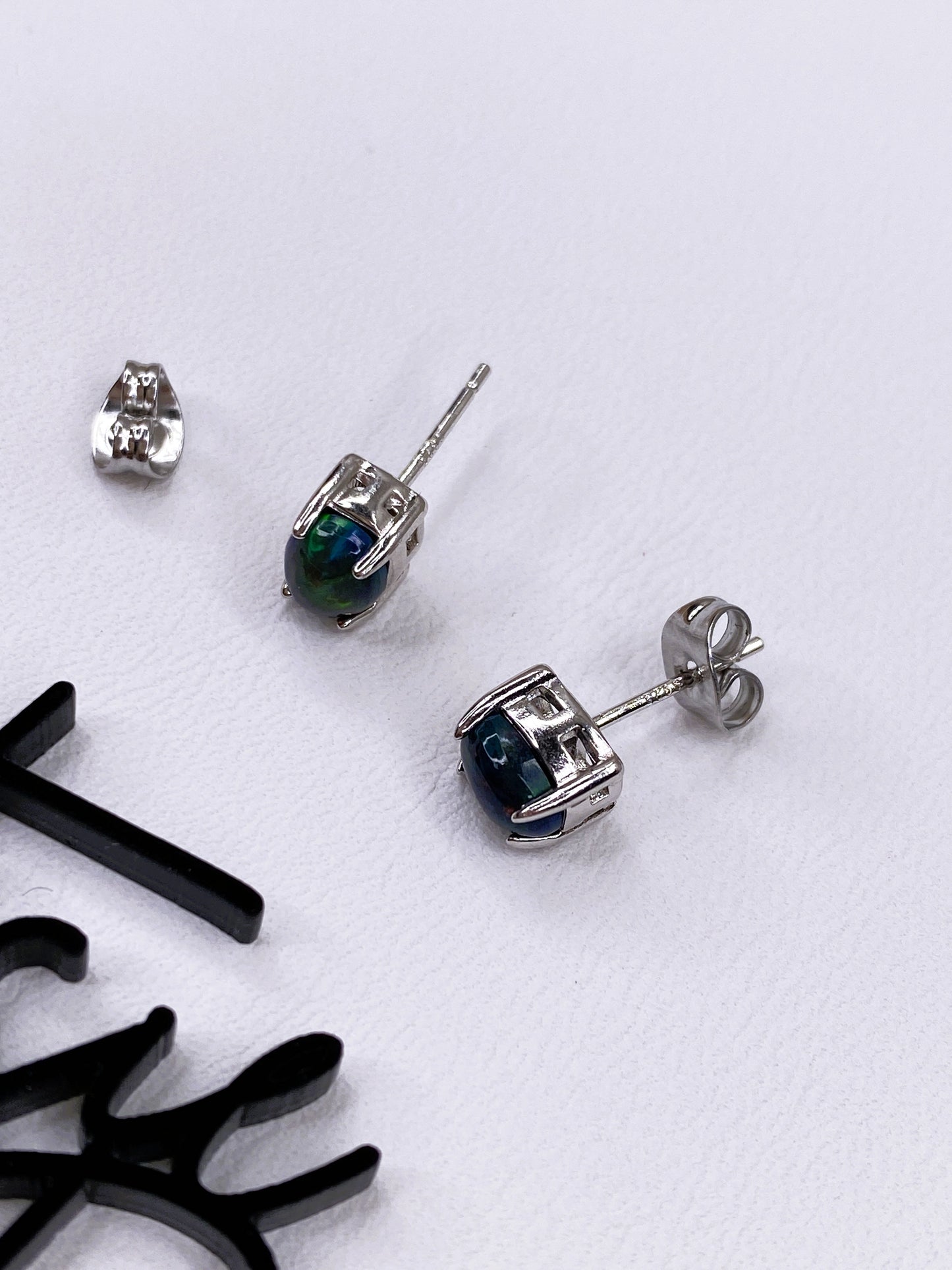 Natural Black Opal Stud Earrings | 5x7mm Gemstone | .925 Sterling Silver