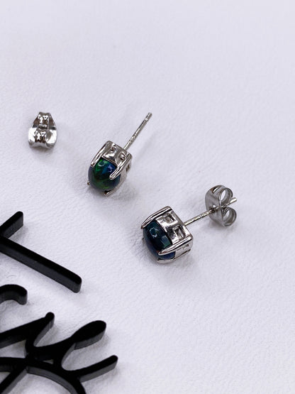 Natural Black Opal Stud Earrings | 5x7mm Gemstone | .925 Sterling Silver