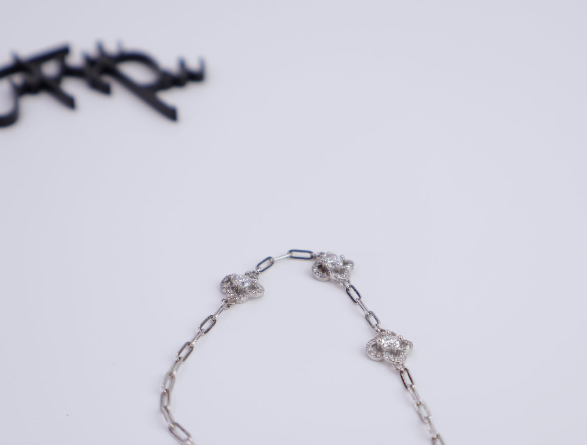 Moissanite Dainty Floral Halo Paperclip Bracelet | 950 Platinum-Plated Sterling Silver | No Certificate