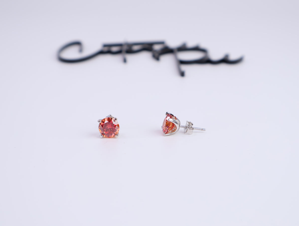 Orange Moissanite Round Stud Earrings | 1.0CT Each (2.0CT Total) | 950 Platinum-Plated Sterling Silver | Certificate Included