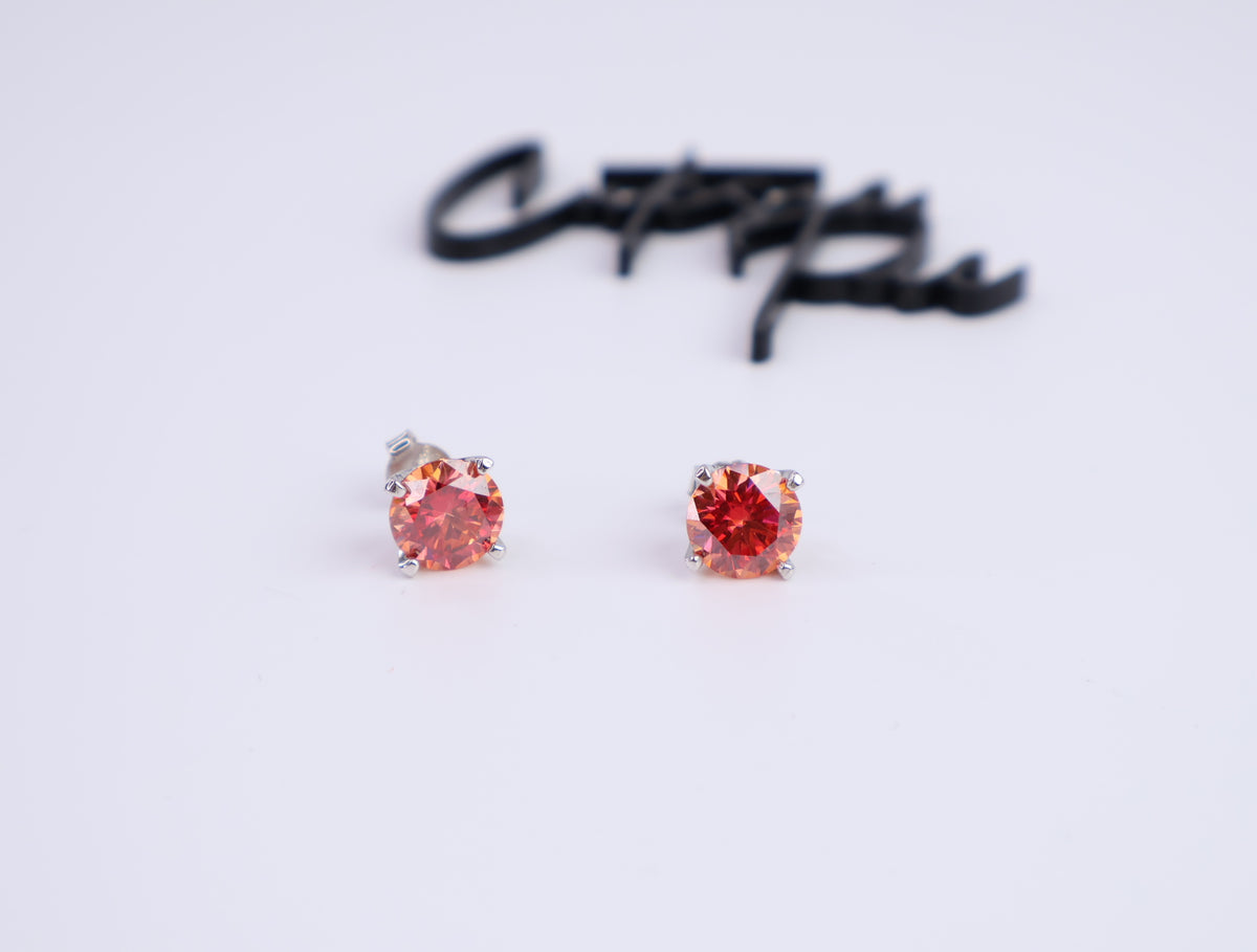 Orange Moissanite Round Stud Earrings | 2.0CT Each (4.0CT Total) | 950 Platinum-Plated Sterling Silver | Certificate Included