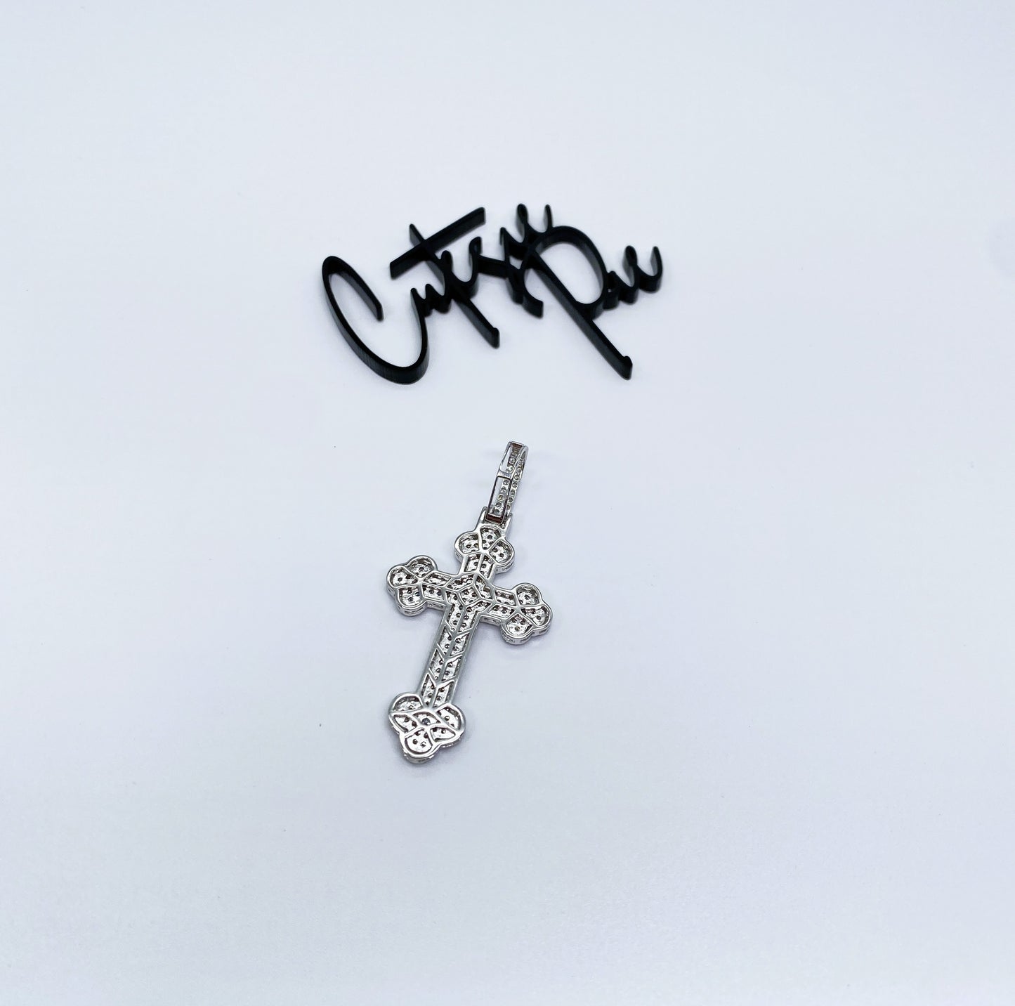 Moissanite Fleur-de-Lis Cross Pendant | Rhodium-Plated Sterling Silver | Certificate Included