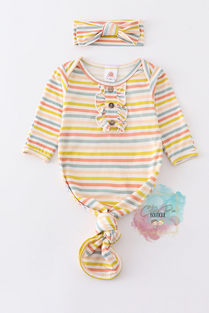 Multicolor Stripe Baby Gown 2PC SET with Headband