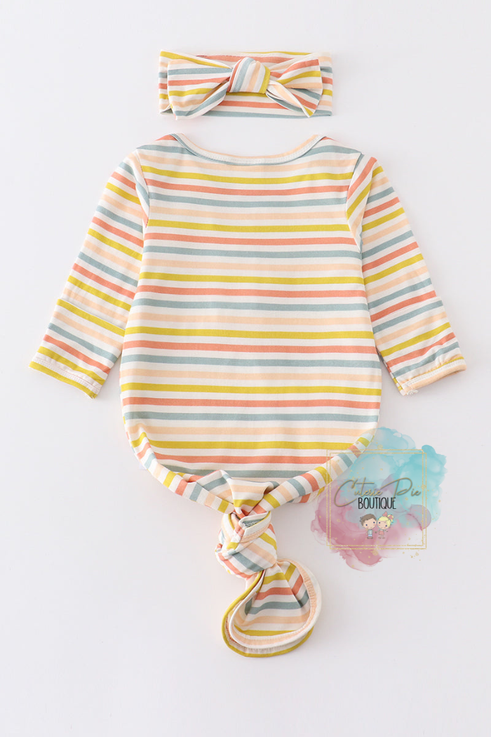 Multicolor Stripe Baby Gown 2PC SET with Headband