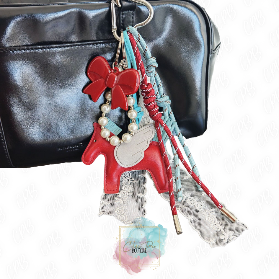 Bag Charm / Keychain - MULTI LAYER Blue/Red w/ Horse, Bow and Pearls