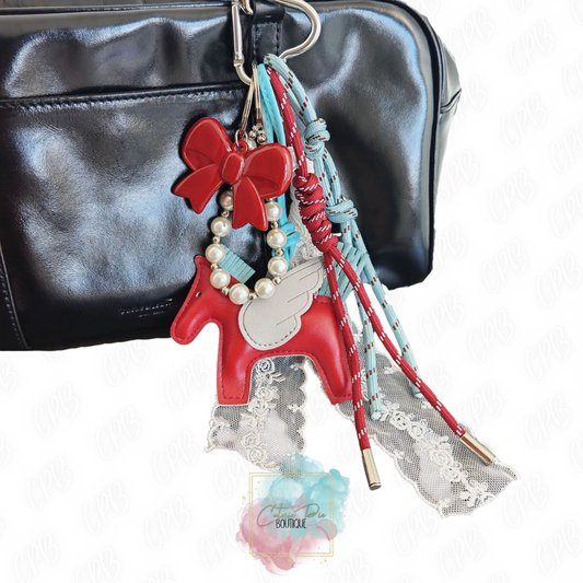 Bag Charm / Keychain - MULTI LAYER Blue/Red w/ Horse, Bow and Pearls