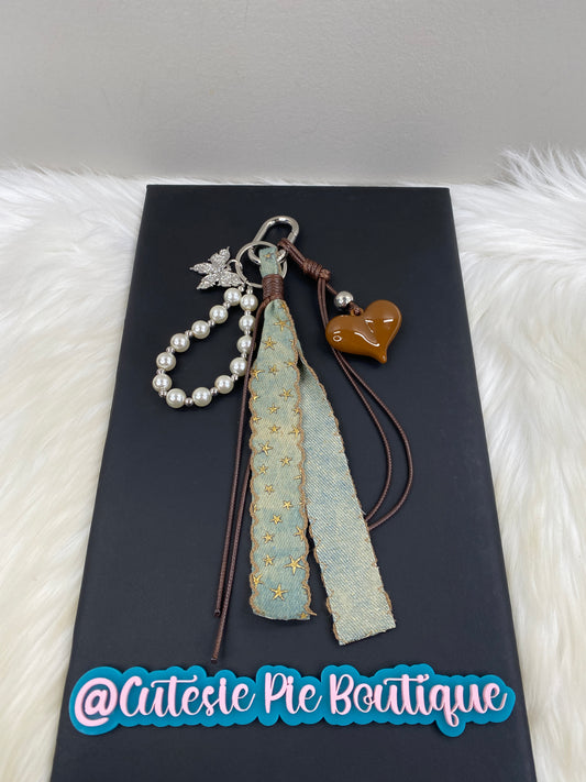 Bag Charm / Keychain - MULTI LAYER Brown w/ Ribbon, Heart, Pearls and Butterfly Charms