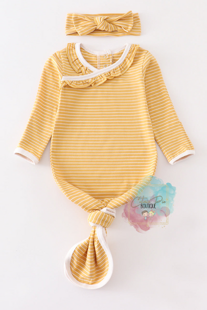 Mustard Stripe Ruffle Baby Gown - 2PC SET