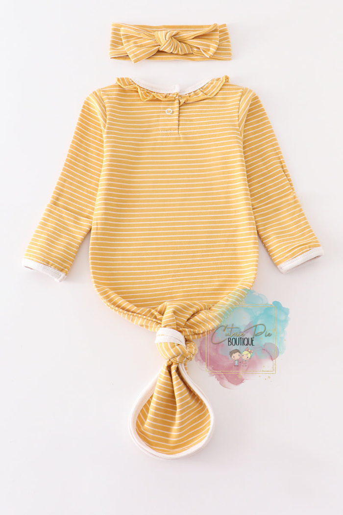 Mustard Stripe Ruffle Baby Gown - 2PC SET