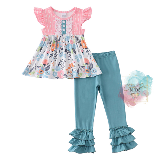 Pink & Turquoise Floral Ruffle 2PC SET