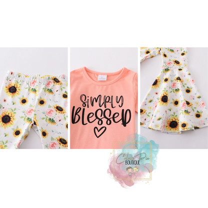 Simply Blessed Coral Sunflower Bell Bottom 2PC SET