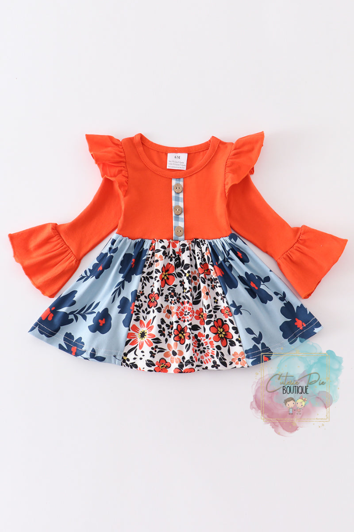 Orange Floral Print Ruffle Baby Romper / Onesie