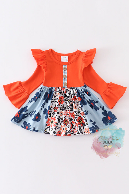 Orange Floral Print Ruffle Baby Romper / Onesie