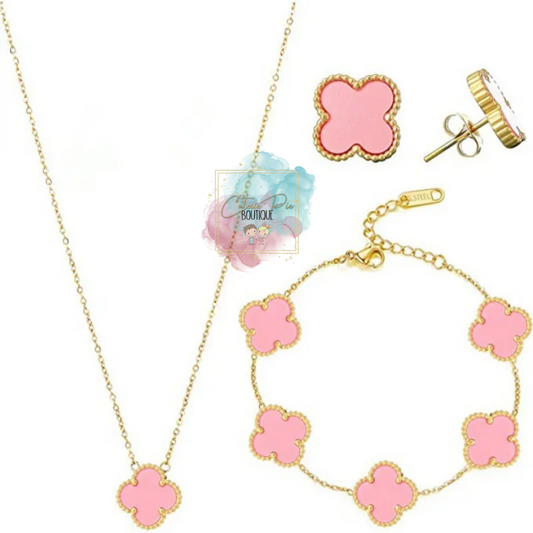 PINK Clover Jewelry in Steel Gold Plated - Earring / Bracelet / Necklace / SET