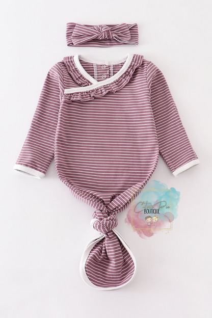 Purple Stripe Ruffle Baby Gown - 2PC SET