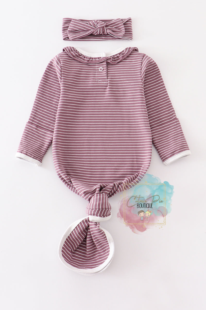 Purple Stripe Ruffle Baby Gown - 2PC SET