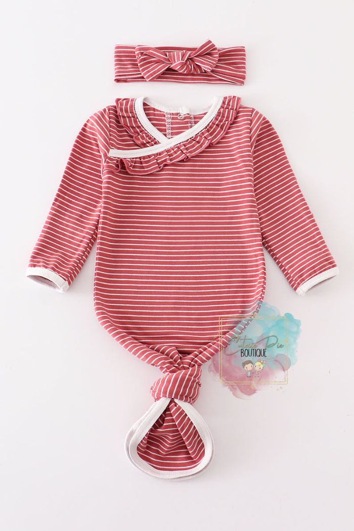 Red Stripe Ruffle Baby Gown - 2PC SET