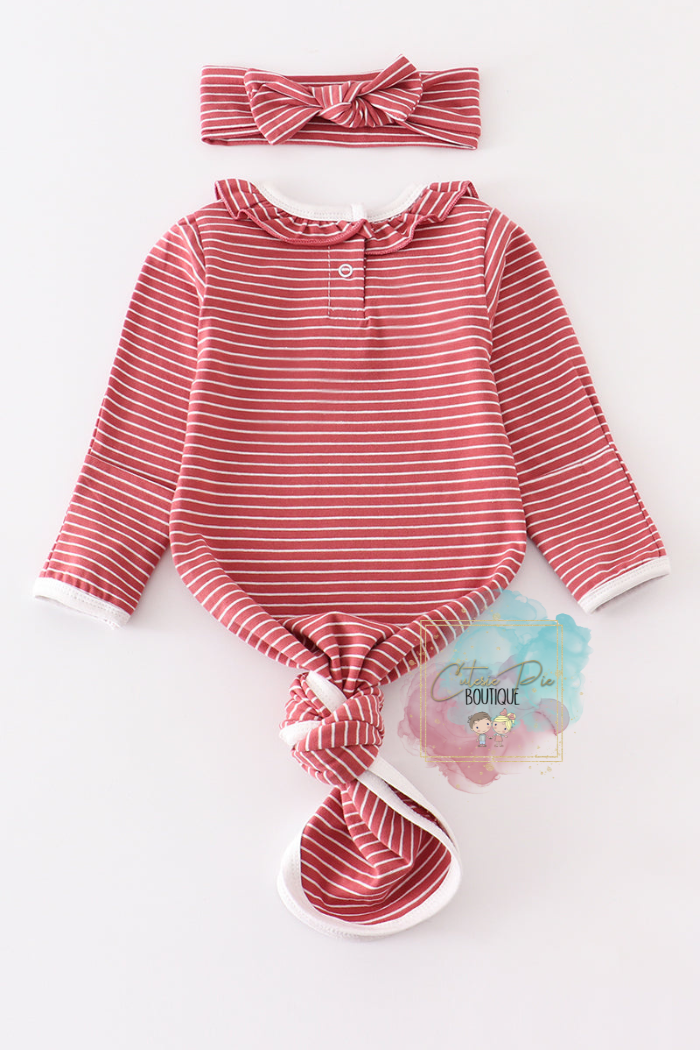 Red Stripe Ruffle Baby Gown - 2PC SET