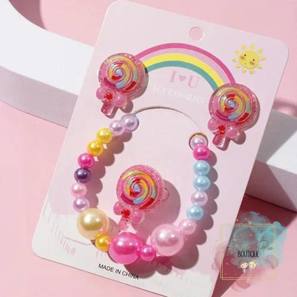 Girl's Acrylic 3PC Set = Bracelet + Earring + Ring