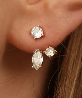 Moissanite Triple Stone Stud Earrings - Marquise & Round | 0.5CT Each | 18K Gold over Sterling Silver | Certificate Included