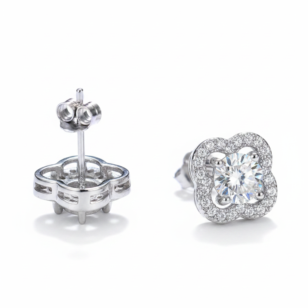 Moissanite Floral Halo Stud Earrings | 0.5CT Center Stone (5MM) | Sterling Silver | Certificate Included