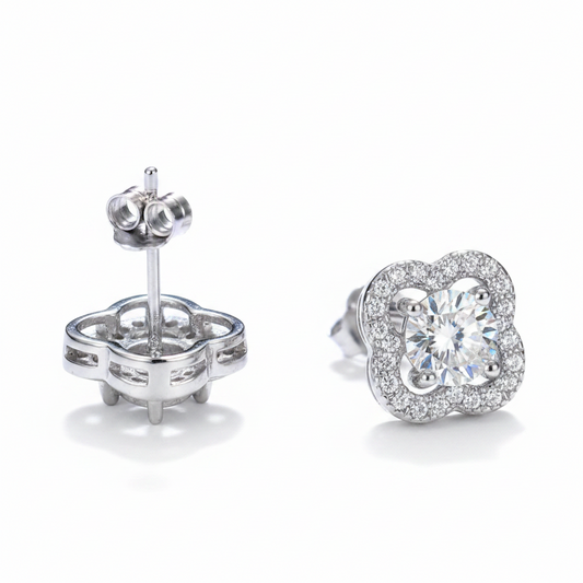 Moissanite Floral Halo Stud Earrings | 0.5CT Center Stone (5MM) | Sterling Silver | Certificate Included