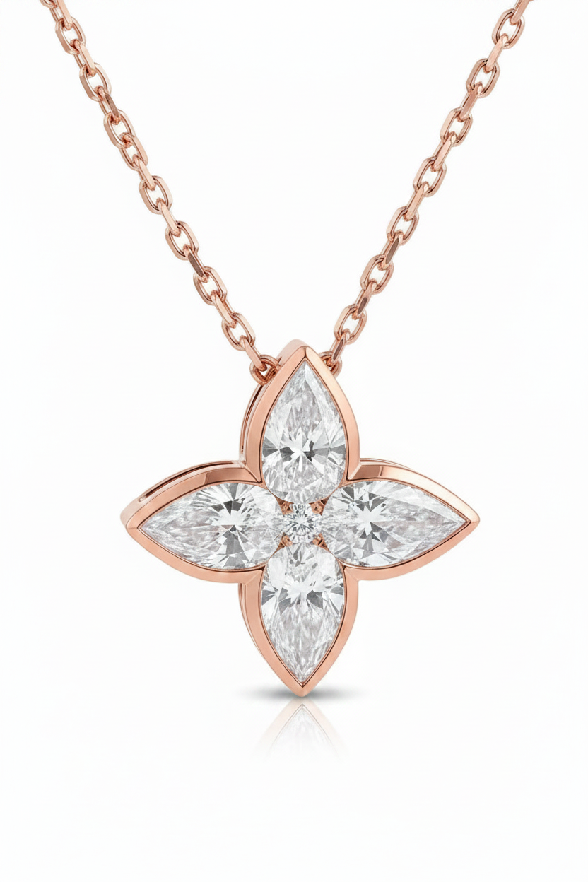 Moissanite Flower Pendant Necklace | 0.5CT (4x6MM) | 18K Rose Gold over Sterling Silver | Certificate Included