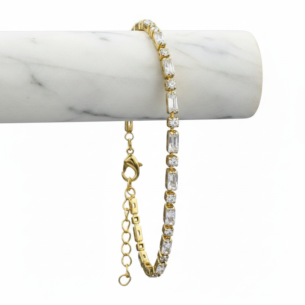 GOLD FILLED - TENNIS BRACELET - CZ BAGUETTE + ROUND 2.2MM