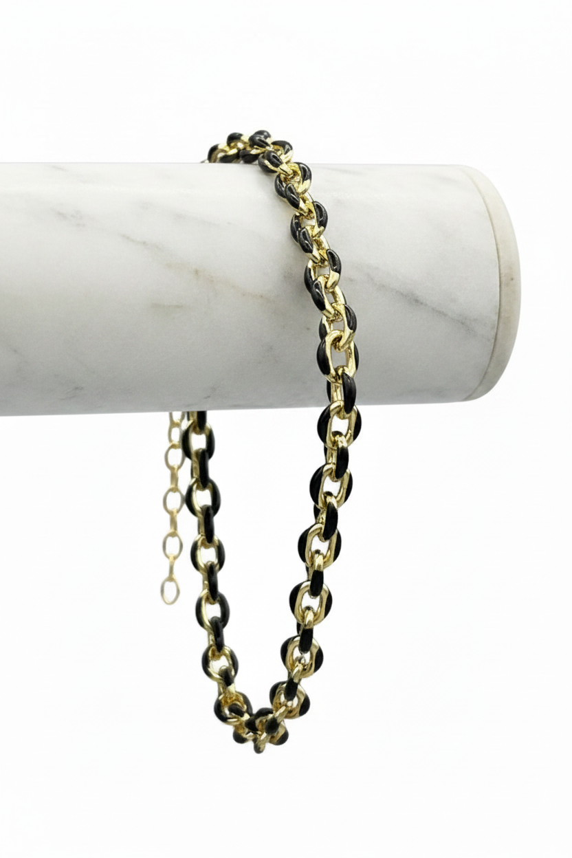 GOLD FILLED - BRACELET - BLACK ENAMEL MARINER CHAIN 3.5MM