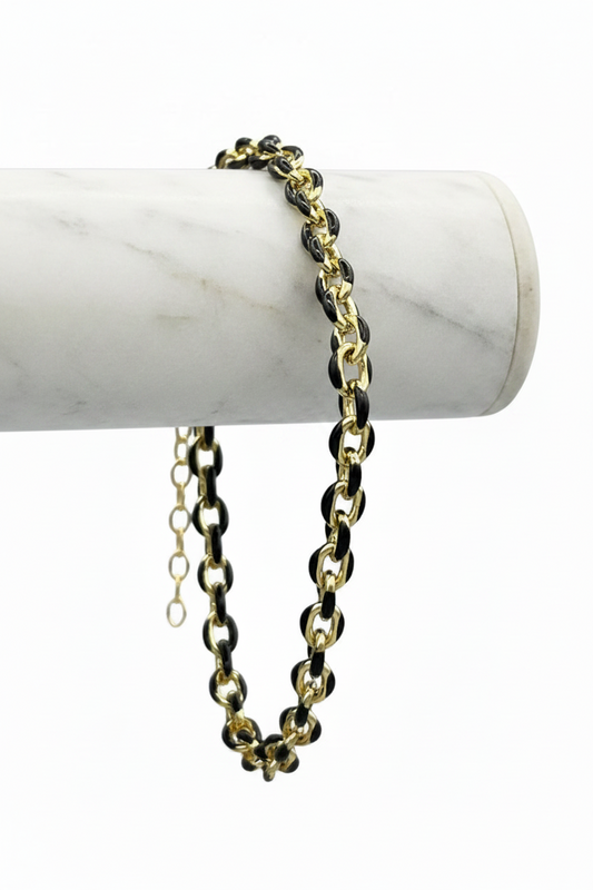 GOLD FILLED - BRACELET - BLACK ENAMEL MARINER CHAIN 3.5MM