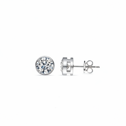 Moissanite Round Bezel Stud Earrings | 0.5CT Each (1.0CT Total) | Sterling Silver | Certificate Included