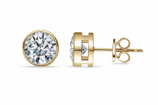 Moissanite Round Bezel Stud Earrings | 1.0CT Each (2.0CT Total) | 18K Gold over Sterling Silver | Certificate Included