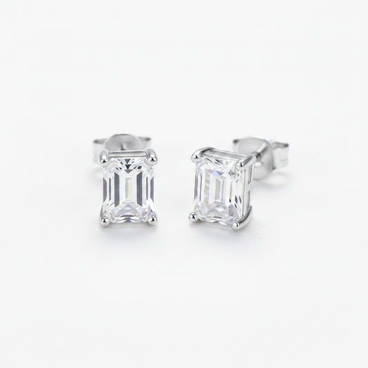 Moissanite Emerald Stud Earrings | 2.0CT Each (4.0CT TOTAL) 6x8MM | 950 Platinum over Sterling Silver | Certificate Included
