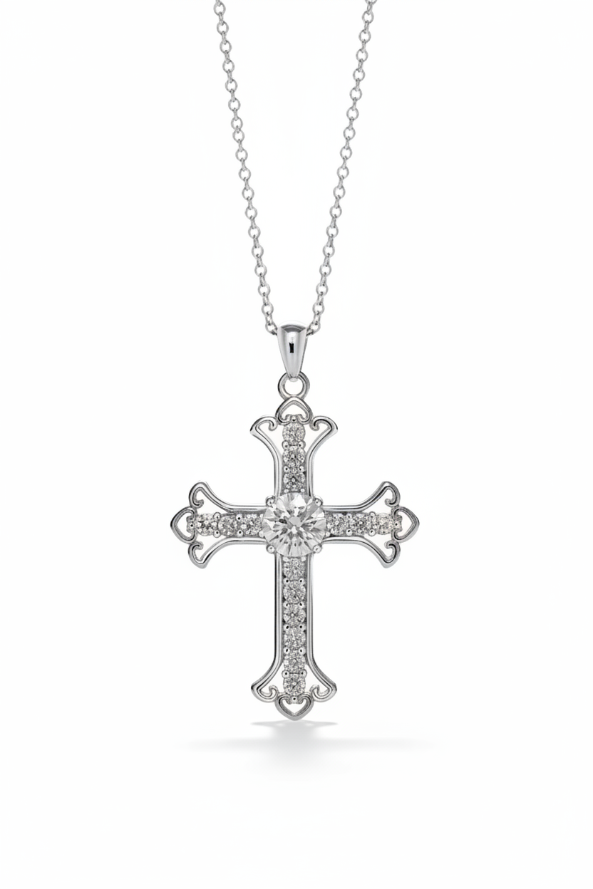 Moissanite Fleur-de-Lis Cross Pendant Necklace | 0.5CT Center Stone | Sterling Silver | Certificate Included