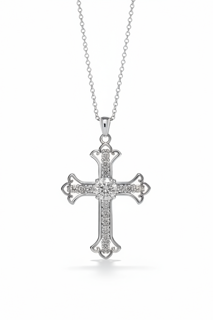 Moissanite Fleur-de-Lis Cross Pendant Necklace | 0.5CT Center Stone | 950 Platinum-Plated Sterling Silver | Certificate Included