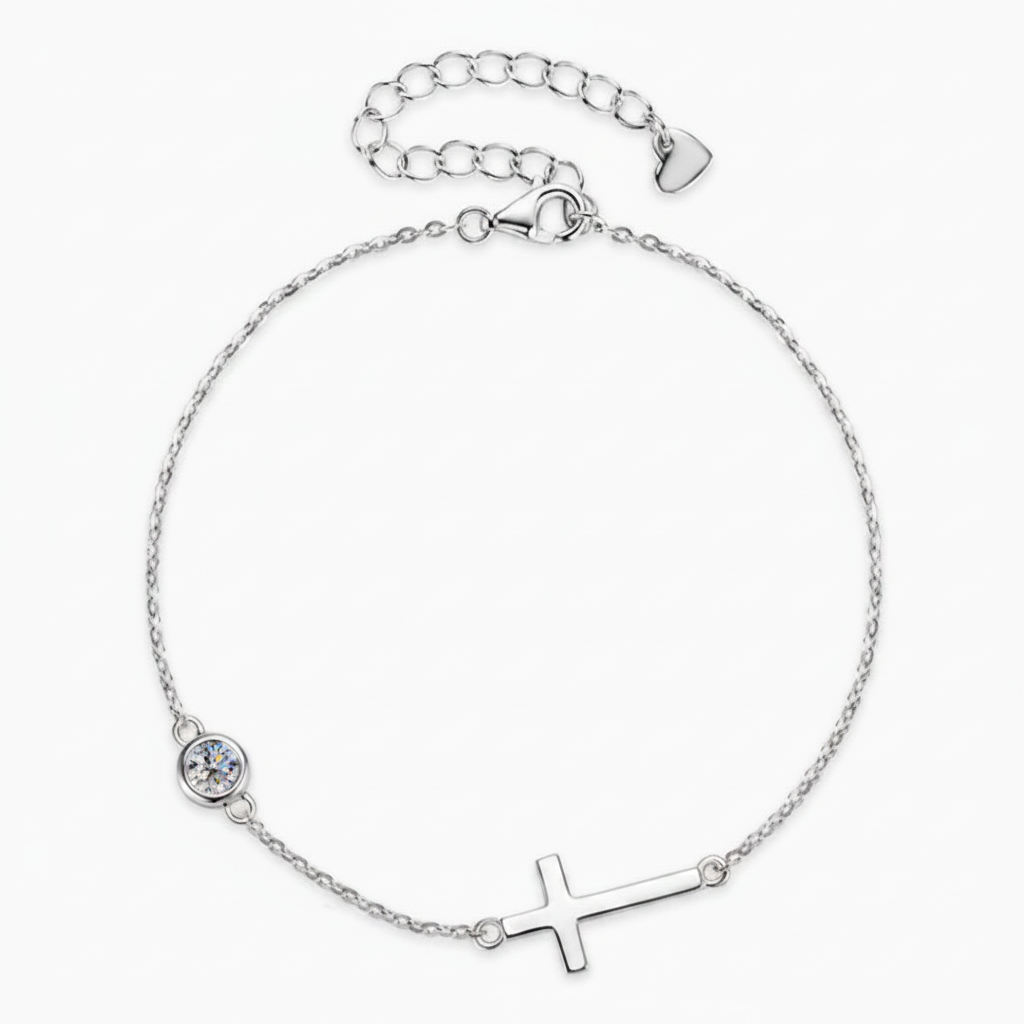Moissanite Station Cross Bracelet | 0.3CT | Sterling Silver | Certificate Included