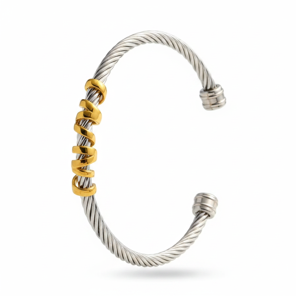 Cable Twist Cuff Bracelet | 18K Gold & Steel Two-Tone | 304 Stainless Steel