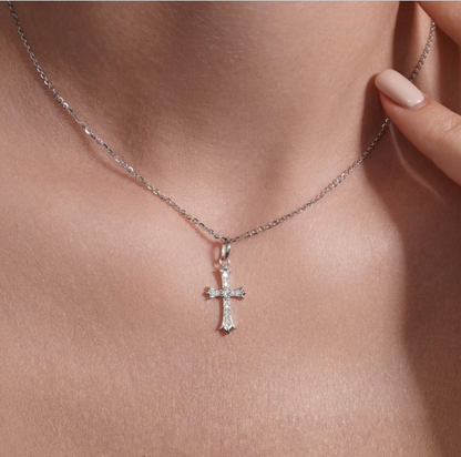 Moissanite Grace Cross Pendant | Rhodium-Plated Sterling Silver | Certificate Included