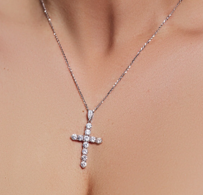 Moissanite Legacy Cross Pendant | Rhodium-Plated Sterling Silver | Certificate Included