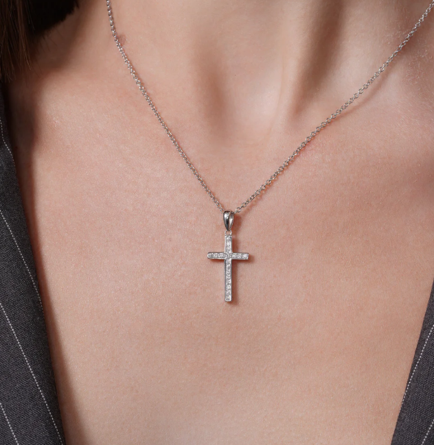 Moissanite Faith Cross Pendant | Rhodium-Plated Sterling Silver | Certificate Included