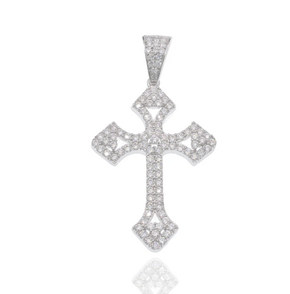 Moissanite Trefoil Cross Pendant | Rhodium-Plated Sterling Silver | Certificate Included