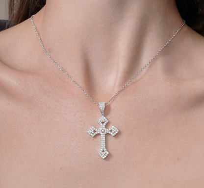 Moissanite Trefoil Cross Pendant | Rhodium-Plated Sterling Silver | Certificate Included