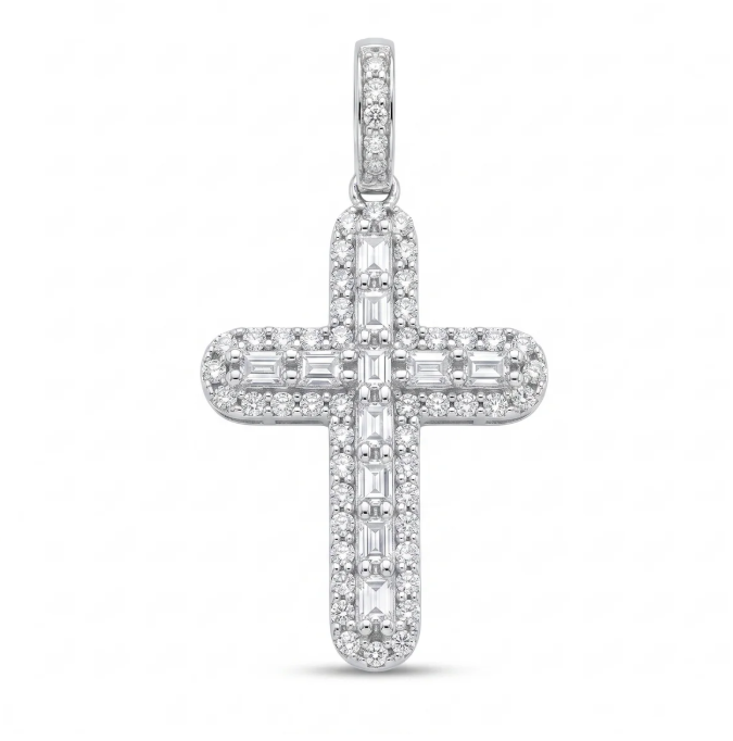Moissanite Radiance Cross Pendant | Rhodium-Plated Sterling Silver | Certificate Included
