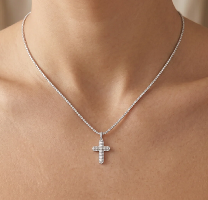 Moissanite Radiance Cross Pendant | Rhodium-Plated Sterling Silver | Certificate Included