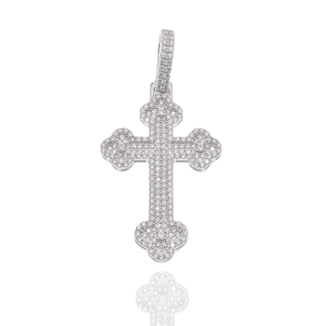 Moissanite Fleur-de-Lis Cross Pendant | Rhodium-Plated Sterling Silver | Certificate Included