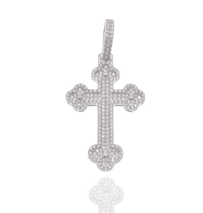 Moissanite Fleur-de-Lis Cross Pendant | Rhodium-Plated Sterling Silver | Certificate Included