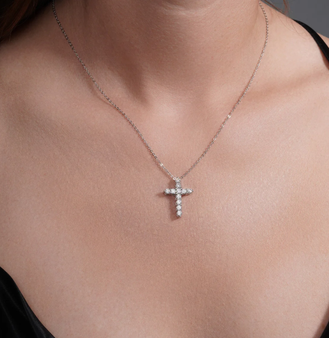 Moissanite Heritage Cross Necklace | Rhodium-Plated Sterling Silver | Certificate Included
