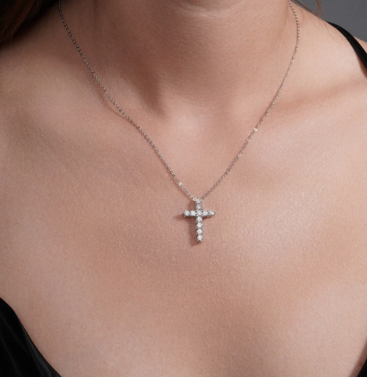 Moissanite Heritage Cross Necklace | Rhodium-Plated Sterling Silver | Certificate Included
